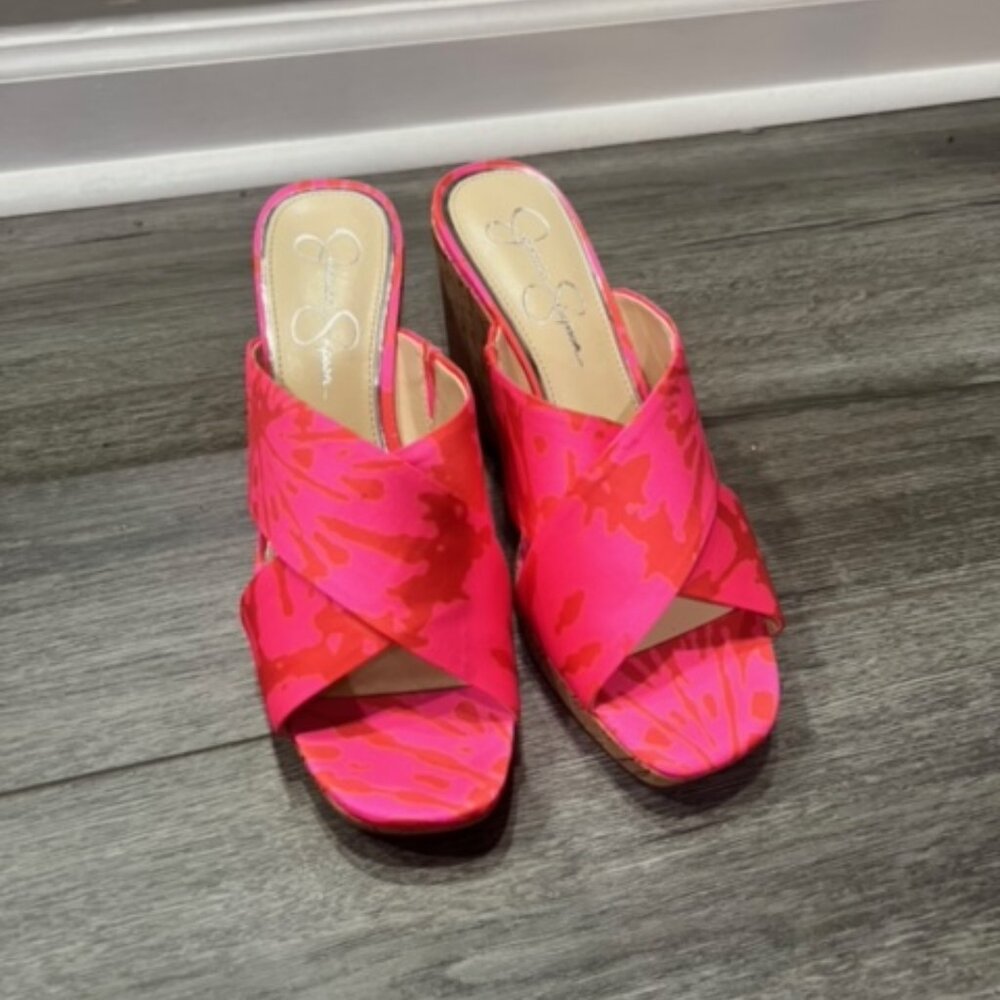 NWT Jessica Simpson Satin Coral Pink Cork Wedge Heels